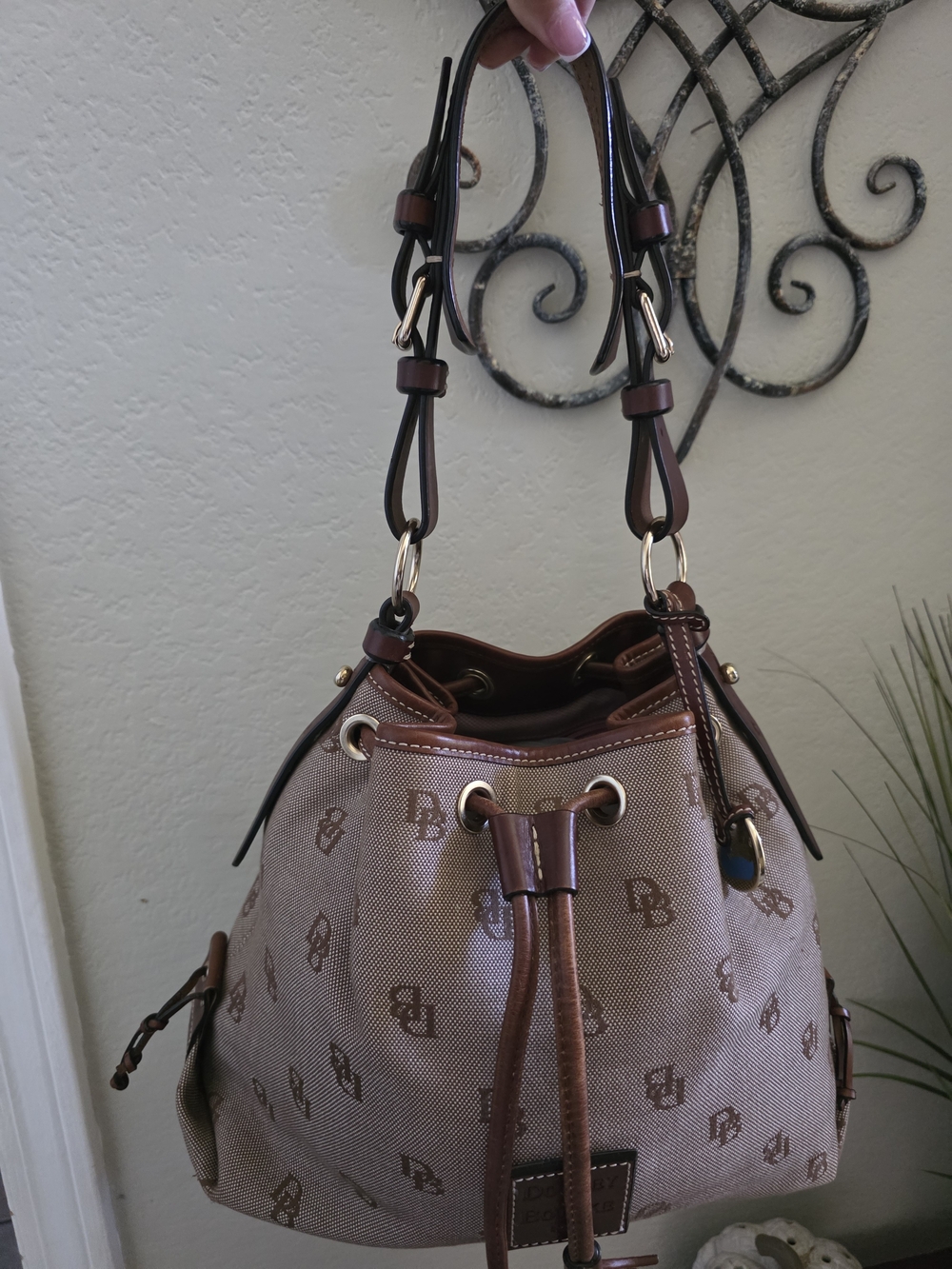 Dooney & Bourke Beige and Brown Drawstring Bucket Bag